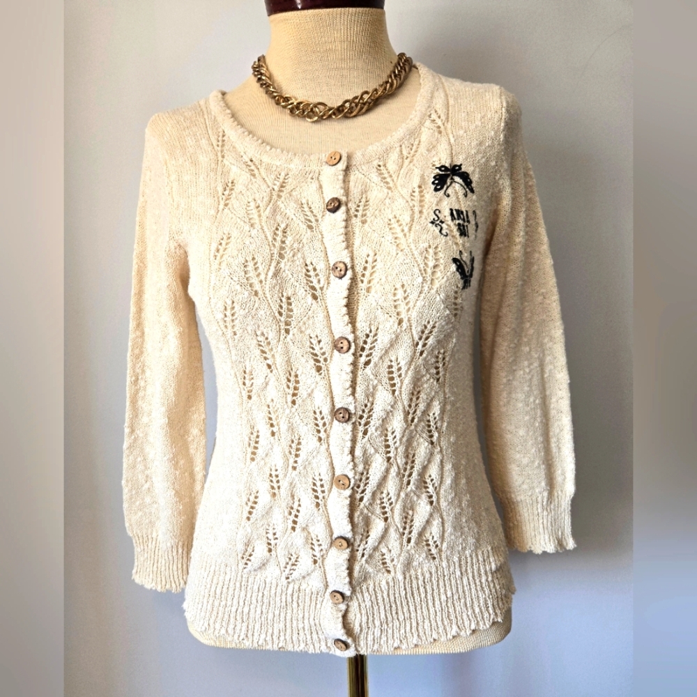 Anna Sui Cream Button-Up Cardigan With Monogrammed Chest. Size Small
